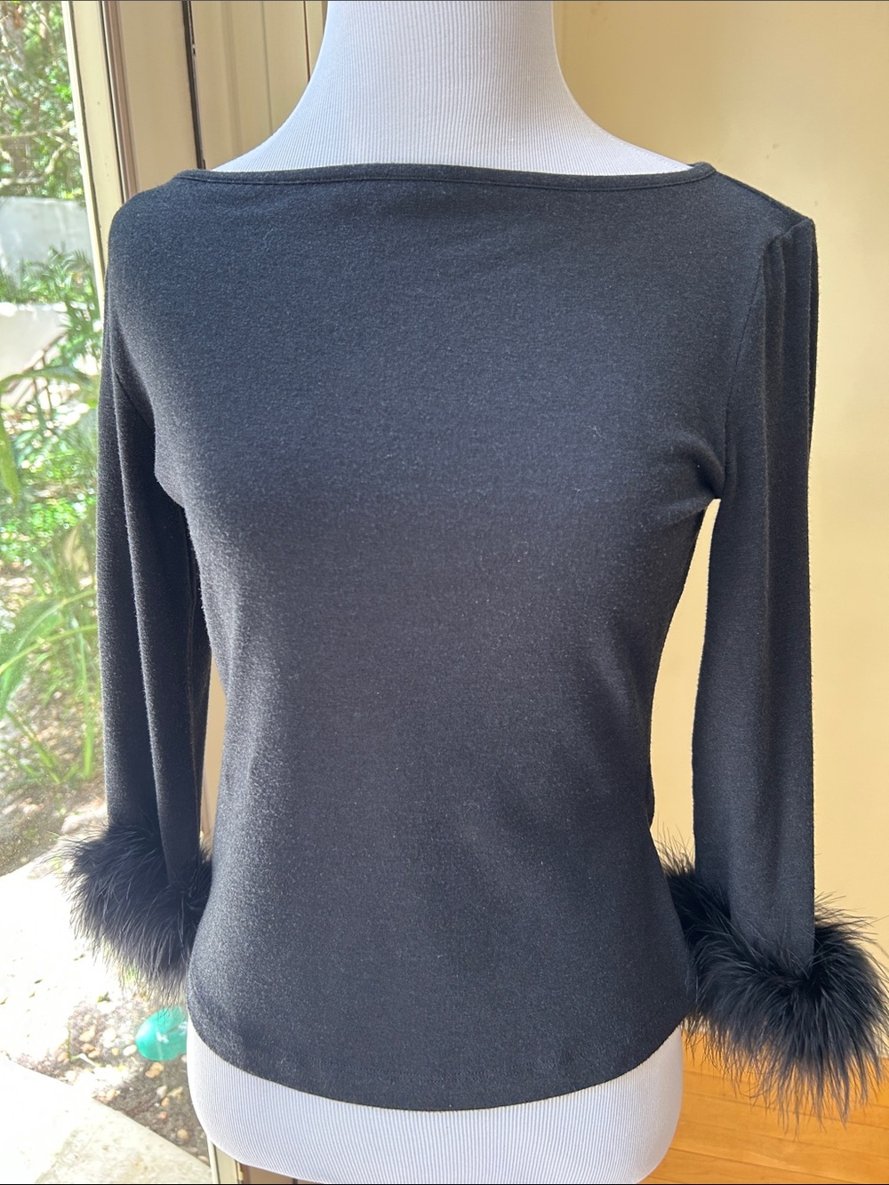 Moschino Black Long Sleeve Top with Feather Cuffs